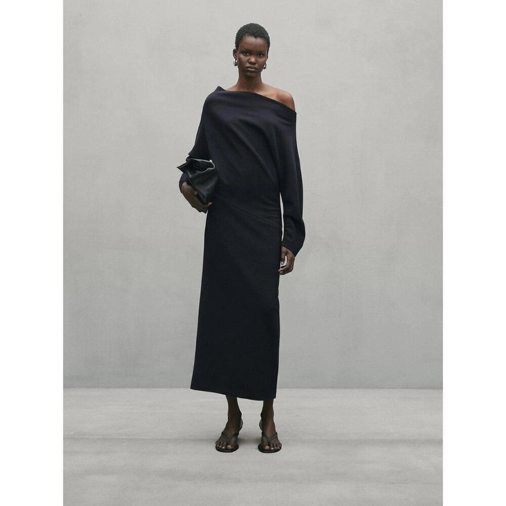 Massimo Dutti Womens Maxi Dress M Medium Blue Long off shoulder 9219/952 NWT